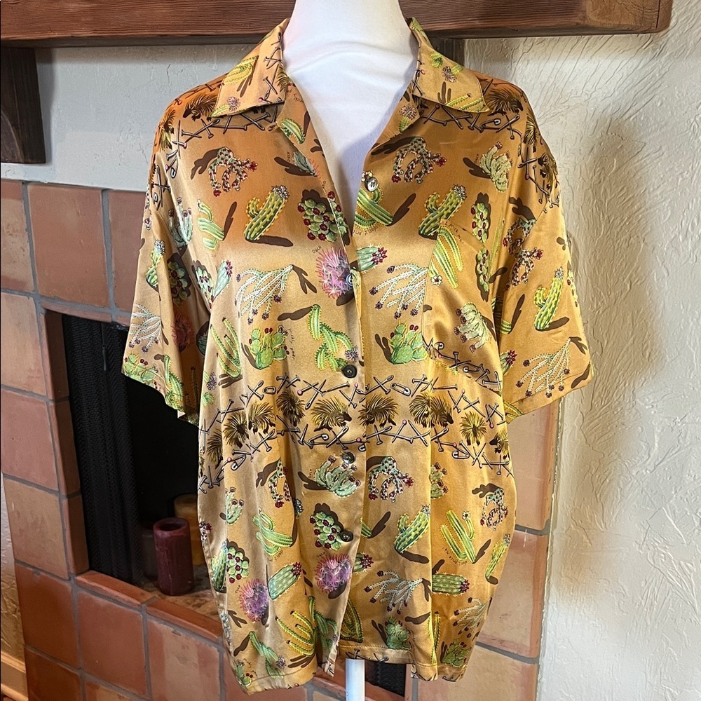 Vintage Nicole Miller Cactus/Safety Pin Silk Button-Up Short Sleeve, size S